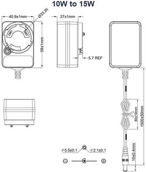 Mechanical Drawing - Phihong PYAxT Interchangeable Plug Wall-Mount Adapters